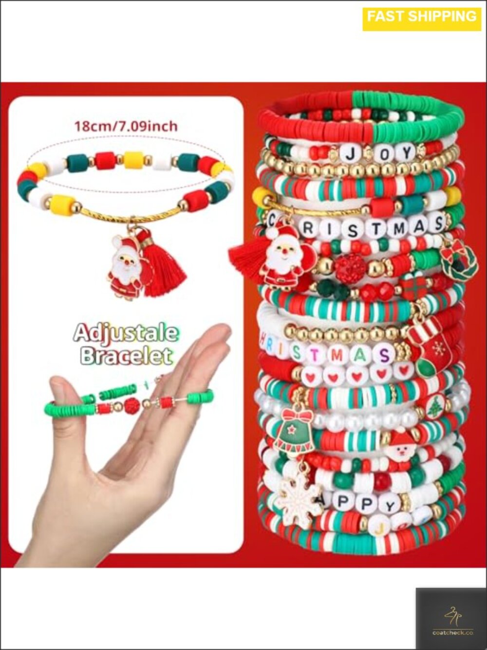 64 Pc Christmas Polymer Clay Beaded Stretch Bracelets Set Stackable - Picture 3 of 5